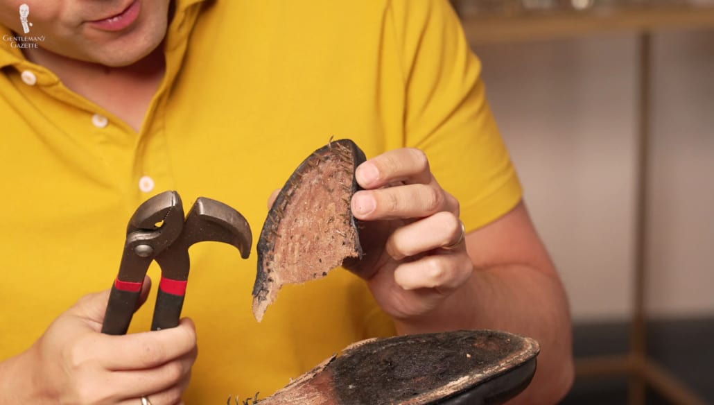 The bespoke Lobb shoe features numerous nails in its construction.