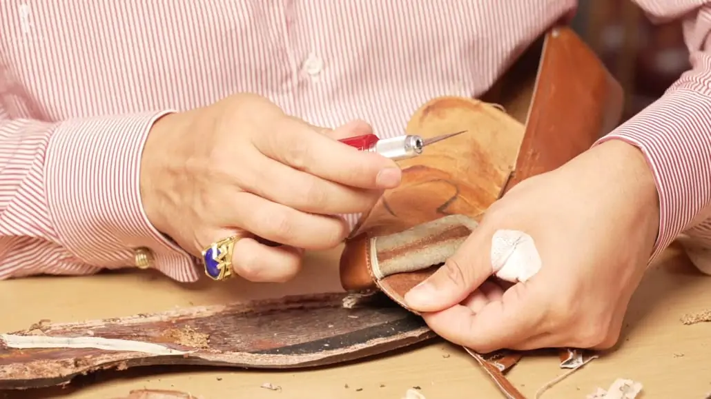 Raphael disassembles the toe cap of the Lobb Paris loafer.