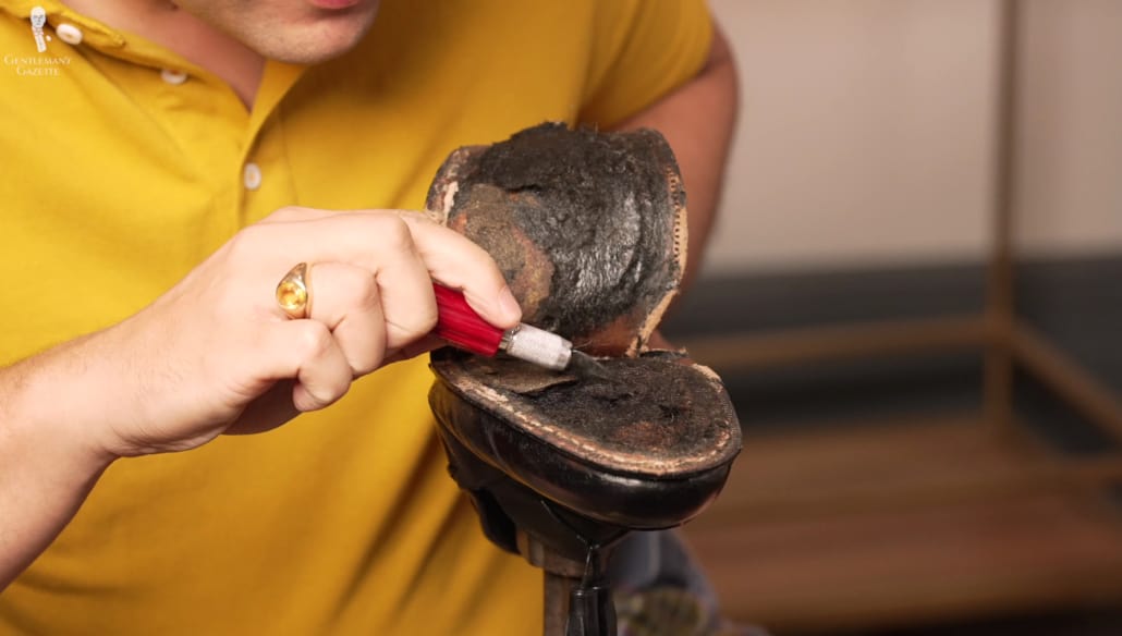 Inside the bespoke Lobb shoes is a curious black mixture of glue and horsehair.
