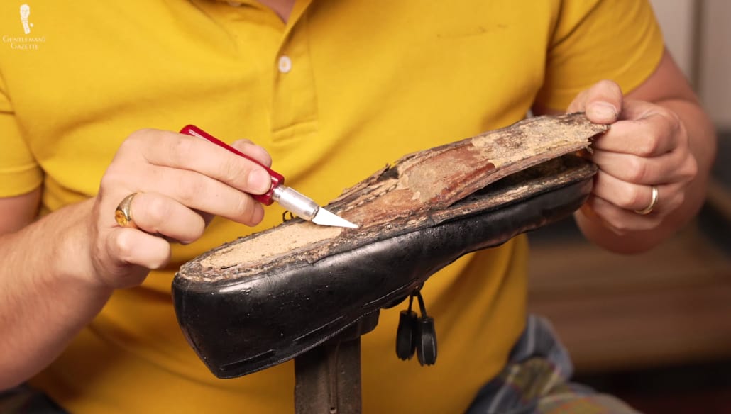 As opposed to a "hot cork" mixture, the bespoke Lobb shoes feature cut sheets of cork.