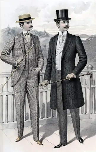 A late-19th-century fashion plate depicting two men wearing waistcoats