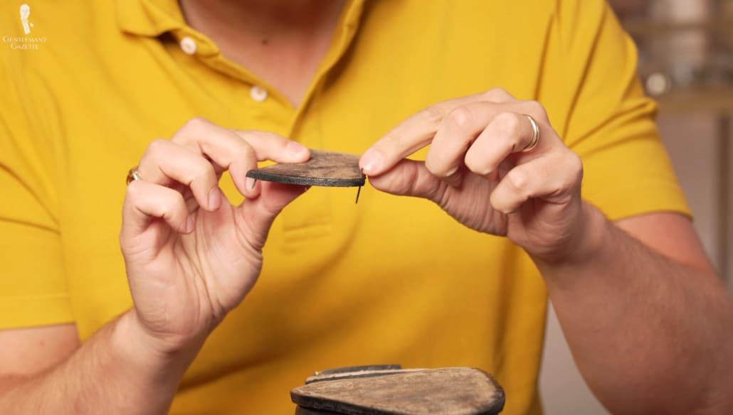 The heel assembly of the Lobb London shoes features thin, flat nails.