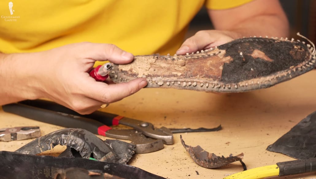 A closer look at the outsole stitiching on the Lobb London shoes.