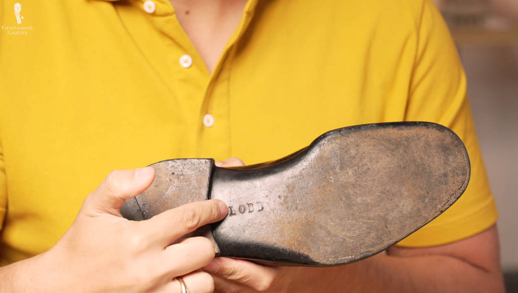 A hand-stamped Lobb logo on the waist of the Bespoke shoe.