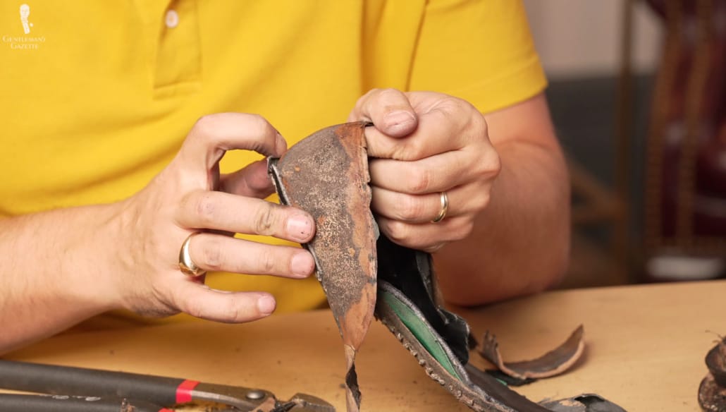 As only leather was used for the heel counter in the bespoke shoes, it was wetted and stiffened.
