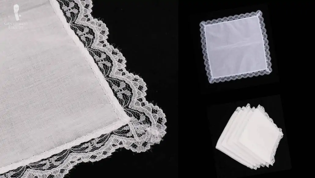 White Pocket Squares with Lace Edging