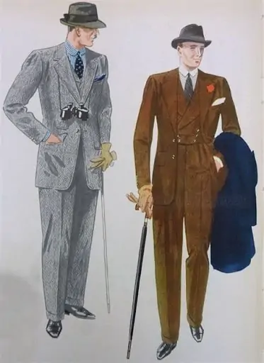 Both of these ensembles feature waistcoats; the one at right is double-breasted.