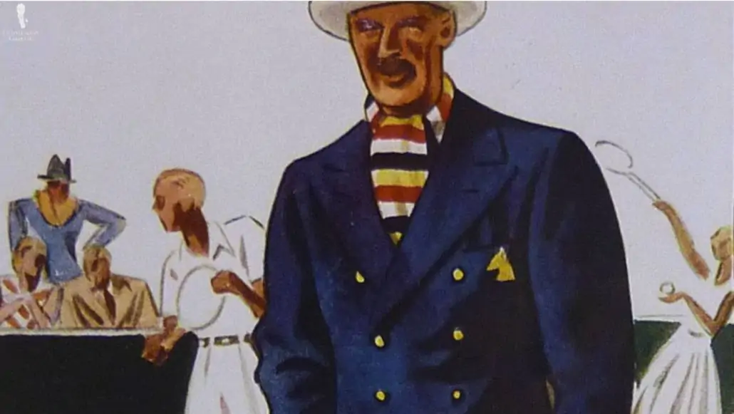 A gentleman in the 1930s wearing a navy blazer. 
