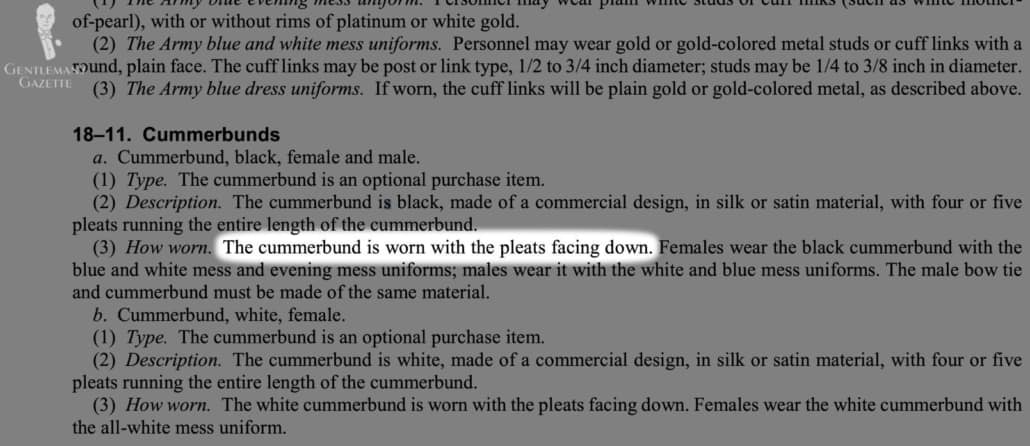 A portion of the US Army Guide that states cummerbunds should be worn with the pleats downwards.