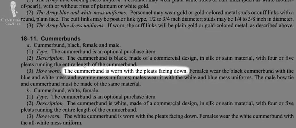 A portion of the US Army Guide that states cummerbunds should be worn with the pleats downwards.