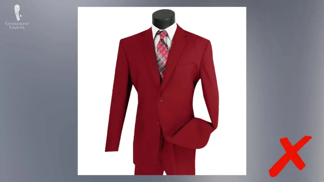 A red suit made out of polyester.