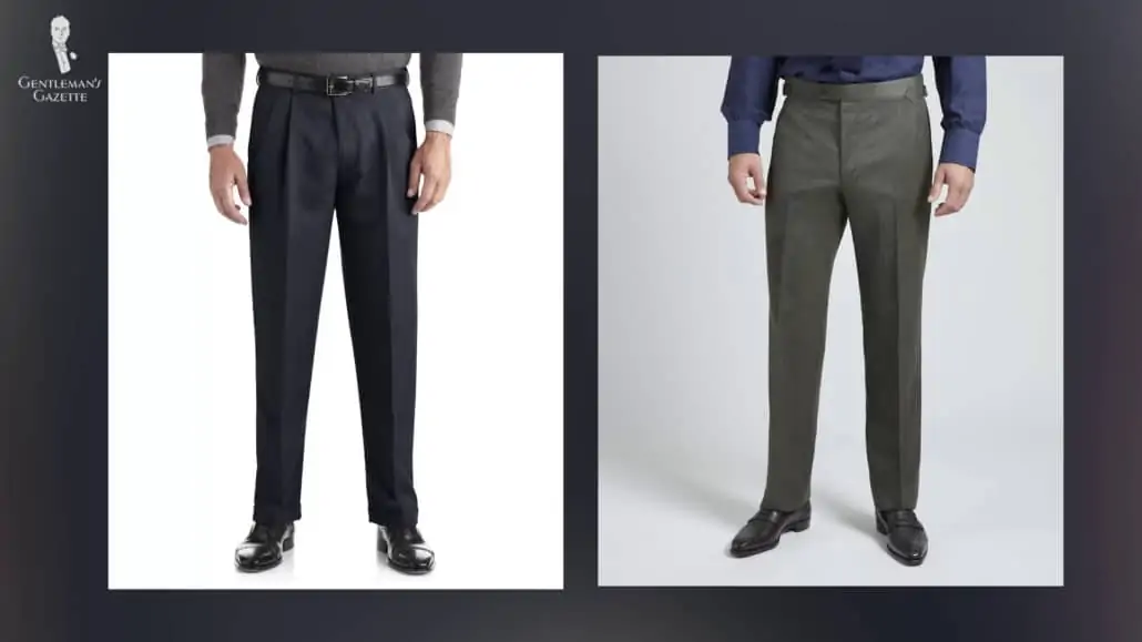 A side by side comparison of pants with pleats and no pleats