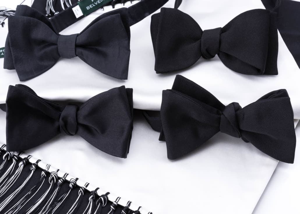An Assortment Of Black Bow Ties By Fort Belvedere In Satin Barathea Shantung And Faille An assortment of Black Bow Ties by Fort Belvedere in Satin, Barathea, Shantung, and Faille.