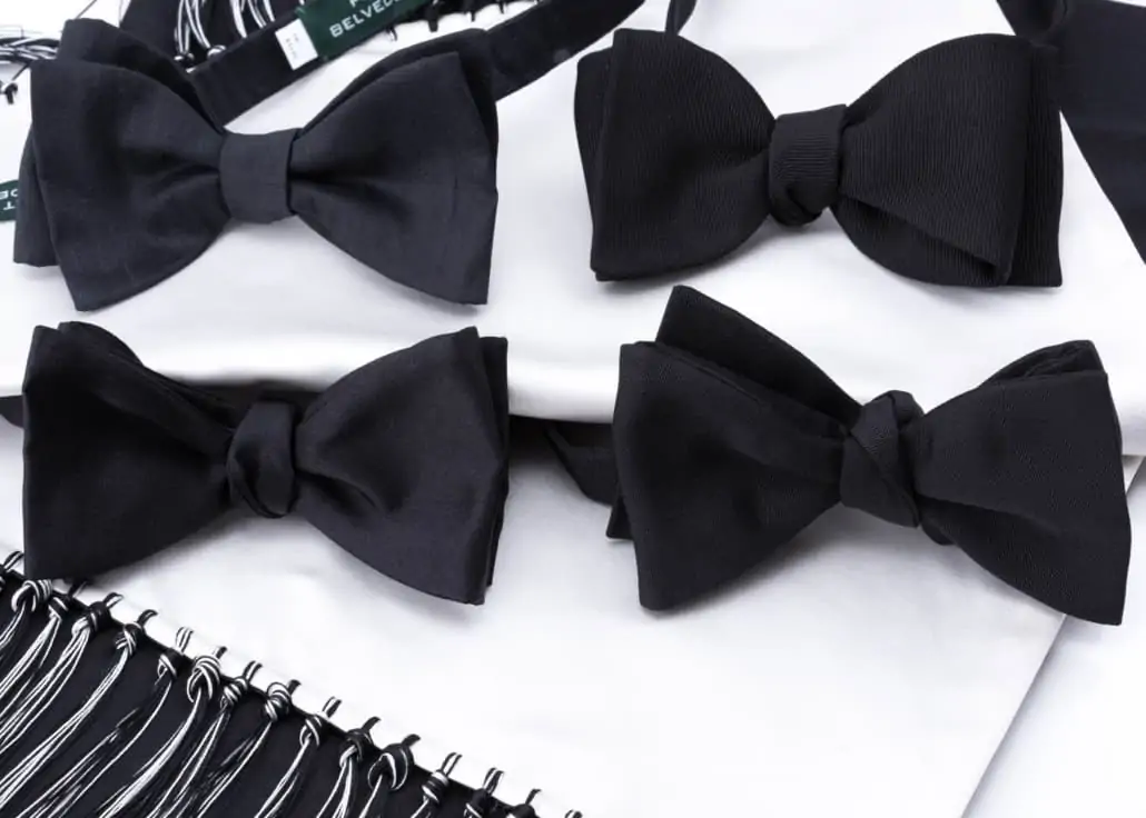 An assortment of Black Bow Ties by Fort Belvedere in Satin, Barathea, Shantung, and Faille.