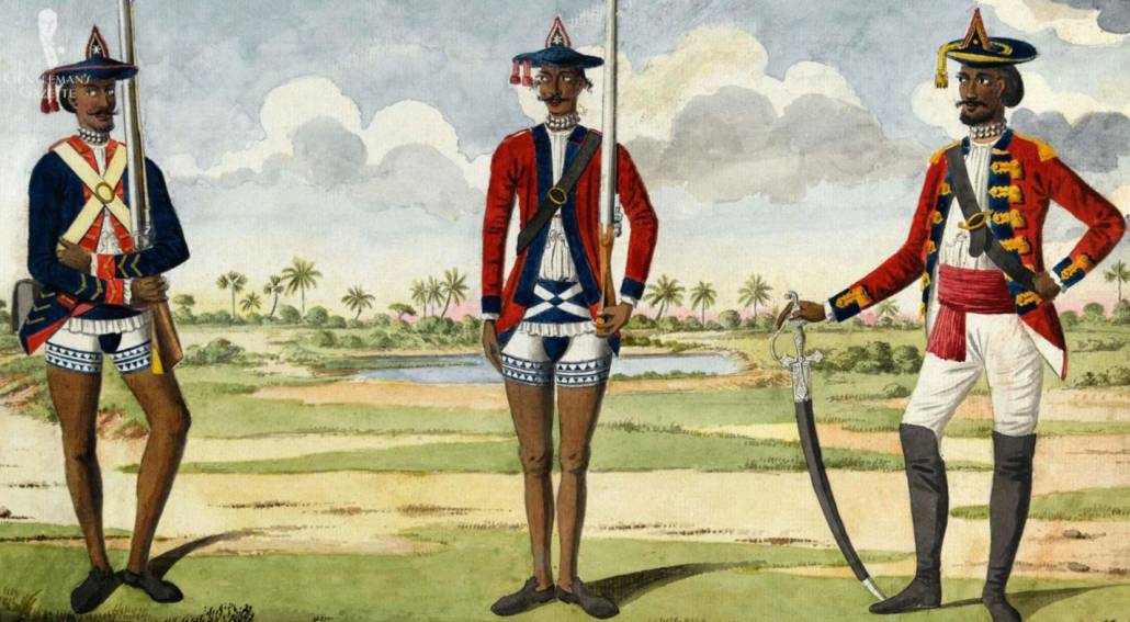 Bengal Army In 1785 With Interesting Waist Coverings In 1785, the Bengal Army wore unusual waist wraps.
