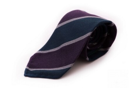 Cashmere Wool Grenadine Tie in Purple, Petrol Blue, Light Grey Stripe - Fort Belvedere