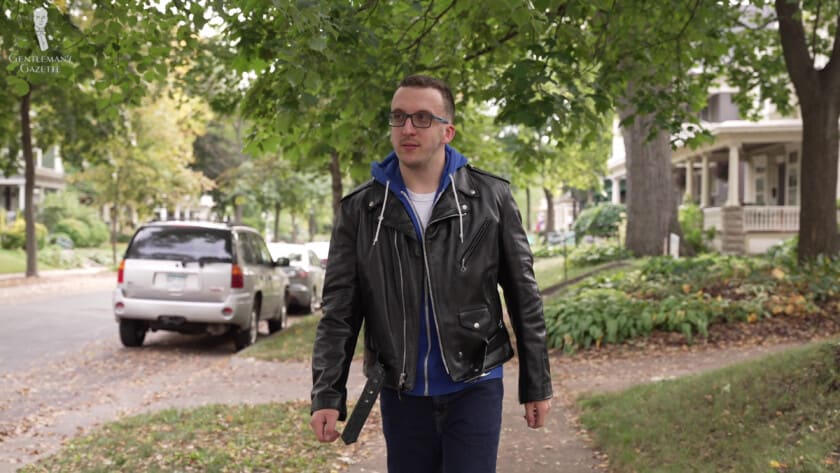 Chris Wearing A Schott Perfecto Jacket While Walking Chris wearing a Schott Perfecto jacket while walking