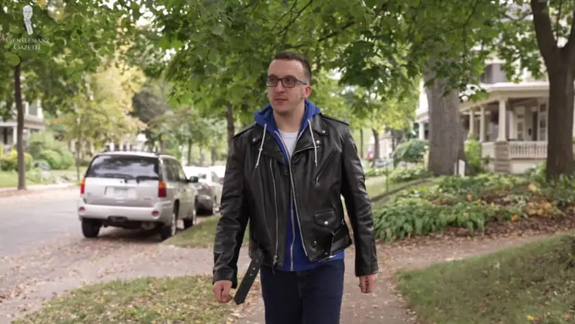 Chris wearing a Schott Perfecto jacket while walking