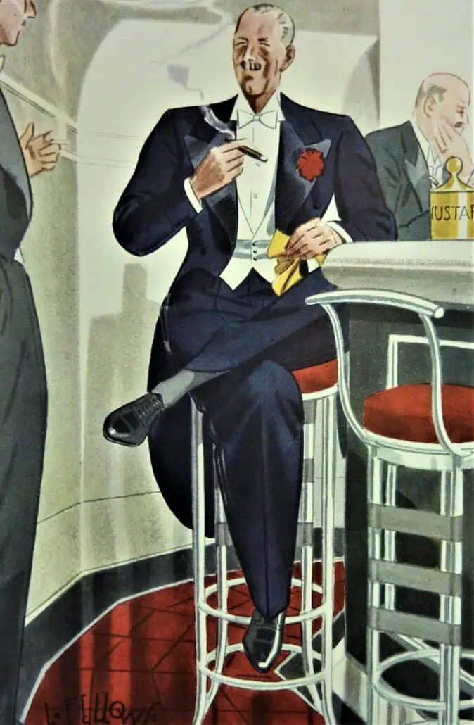 1930 Fashion Illustration by Laurence Fellows depicting a classic White Tie Outfit