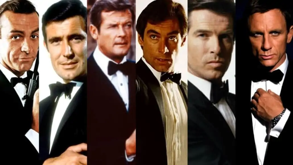 Different James Bond actors in their respective black tie ensembles