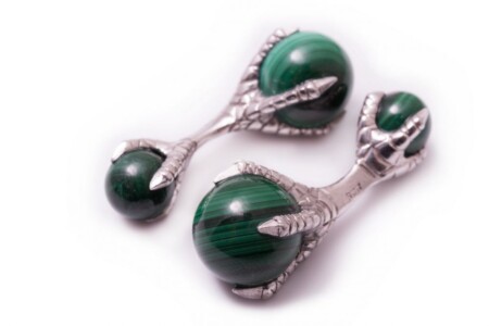 Eagle Claw Cufflinks with Malachite Balls - 925 Sterling Silver Platinum Plated