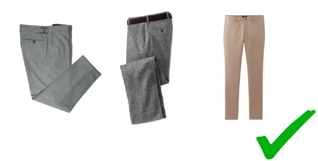 Trousers in flannel, grey tweed, or chinos pair well with a denim jacket