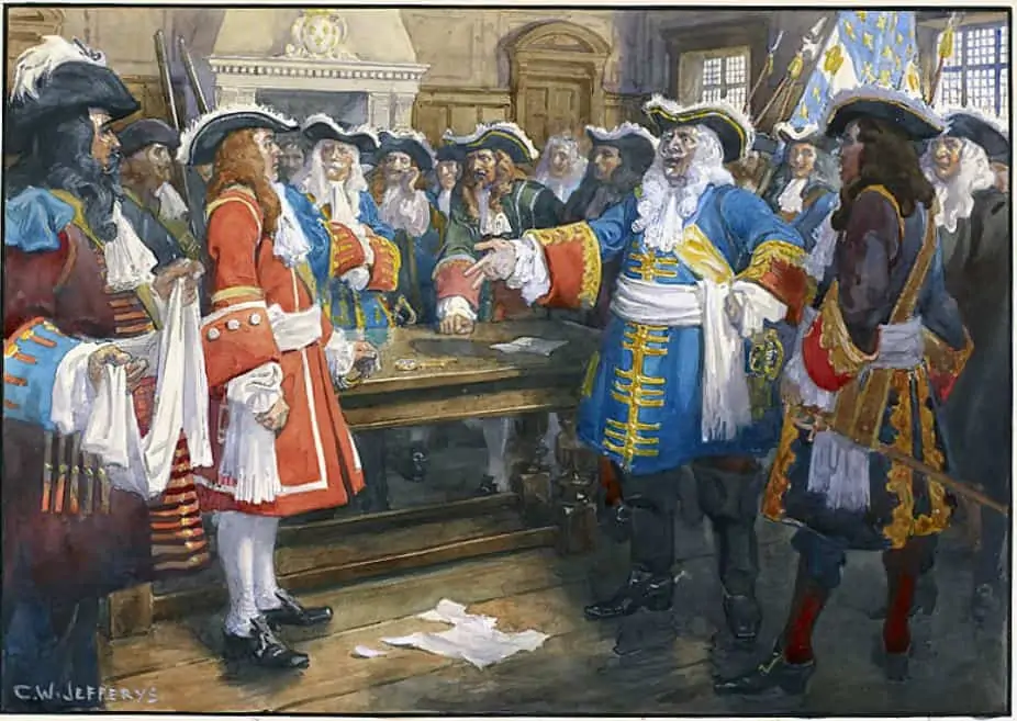 Frontenac receiving the envoy of Sir William Phipps demanding the surrender of Quebec, 1690, a painting by Charles William Jefferys