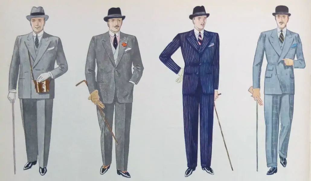 Fashion illustration of gentlemen in the 1930s wearing suits