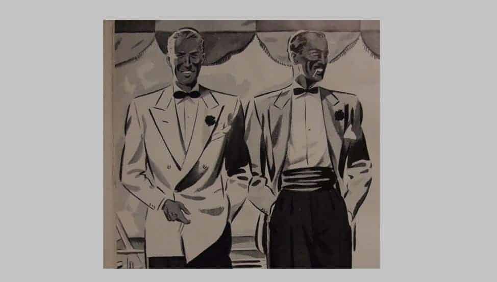 Gentlemen In The 1930S Wearing Their Respective Black Tie Ensembles One In A Double Breasted Tuxedo And The Other In A Single Breasted One Exposing His Cummerbund 1 Gentlemen in the 1930s wearing their respective black tie ensembles - one in a double-breasted tuxedo, and the other in a single-breasted one exposing his cummerbund.