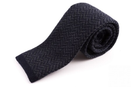 Knit Tie in Dark Grey - Navy Wool Herringbone