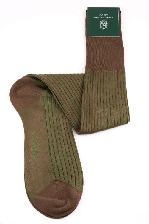 Mid Brown and Green Shadow Stripe Ribbed Socks Fil d'Ecosse Cotton - Fort Belvedere