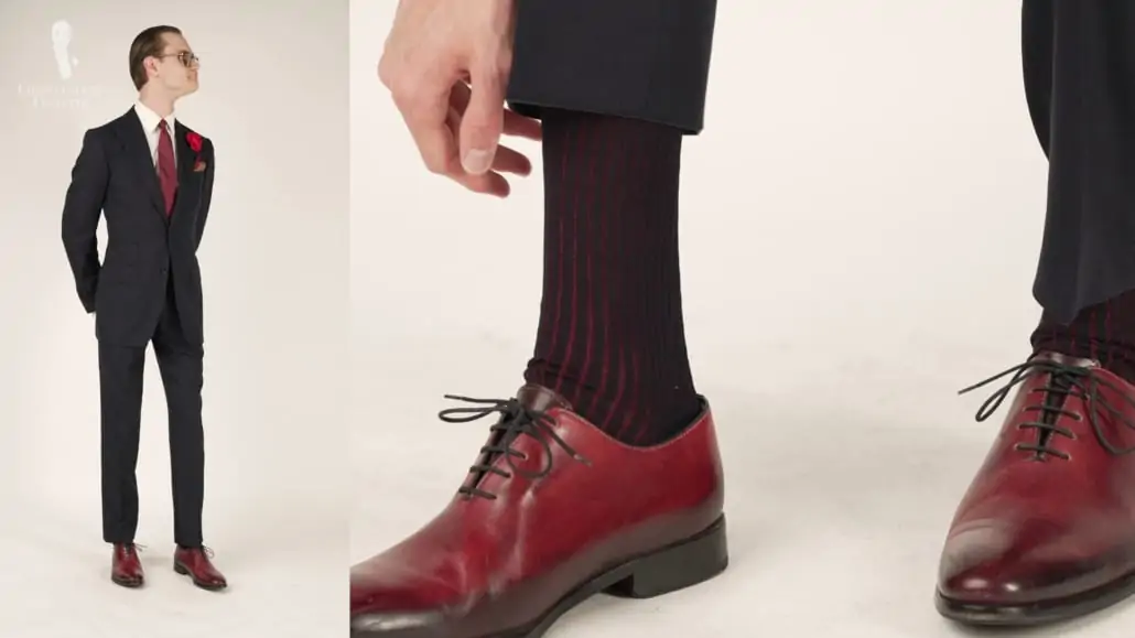 Oxblood-colored whole cuts from Ace marks with their hand-painted patina paired with some shadow striped socks from Fort Belvedere.