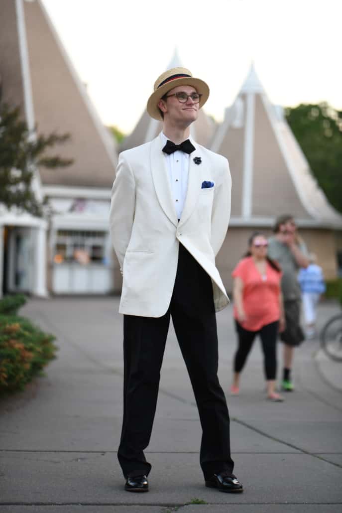 Preston wearing a warm-weather black tie outfit, including a cummerbund