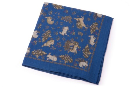Pale Green Rabbits on Mid Blue Silk Wool Pocket Square