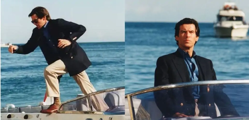 Pierce Brosnan as James Bond in GoldenEye, wearing a double-breasted navy blazer.