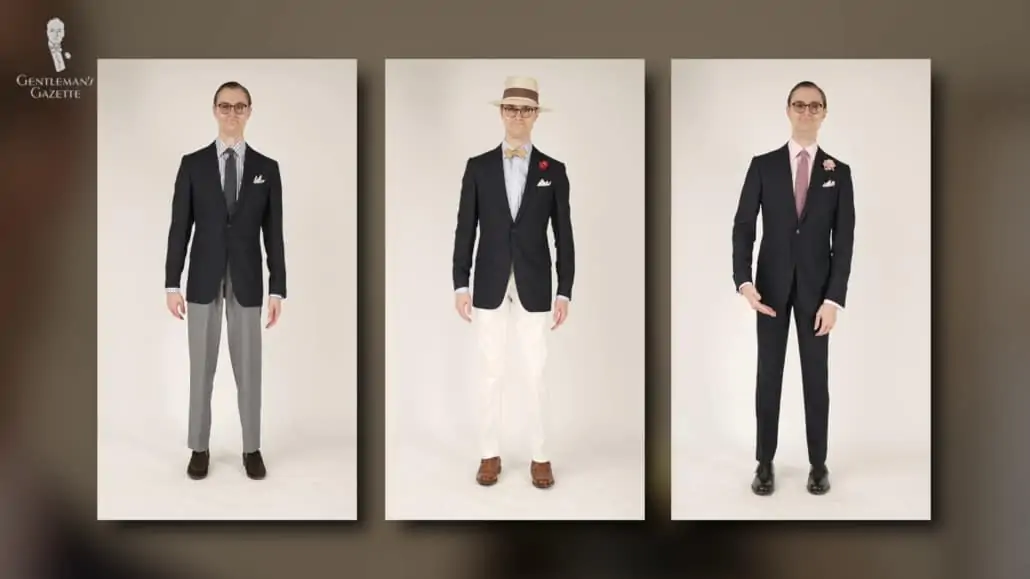 Preston wearing a navy suit in several different outfits.