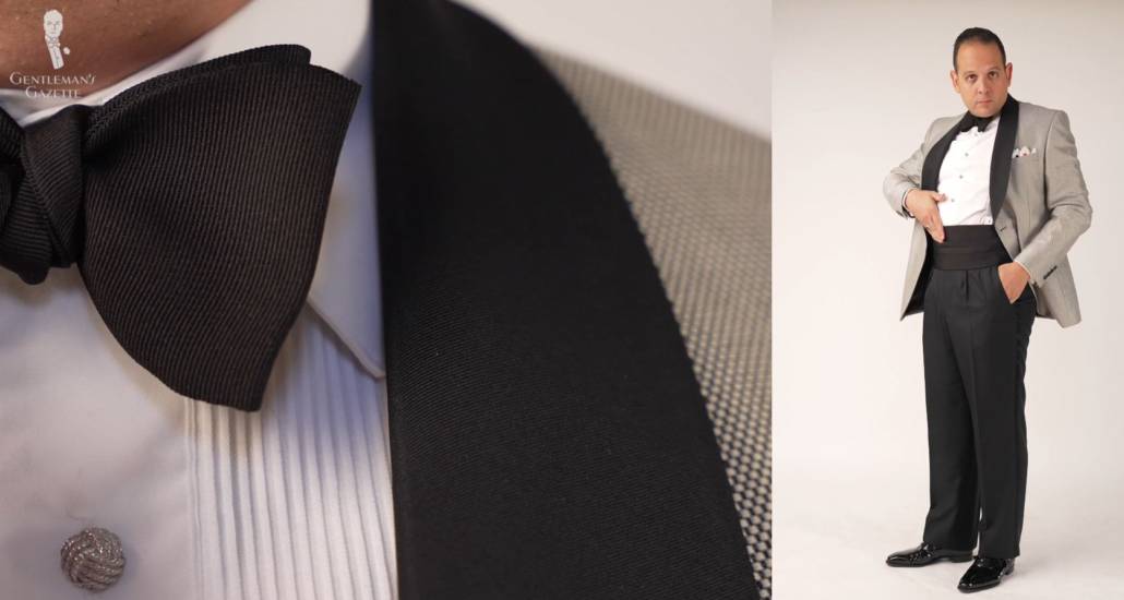 Raphael Raphael matching his Fort Belvedere Silk Faille Grosgrain Bow Tie and Fine Faille Grosgrain Cummerbund with the shawl collar's similar weave.
