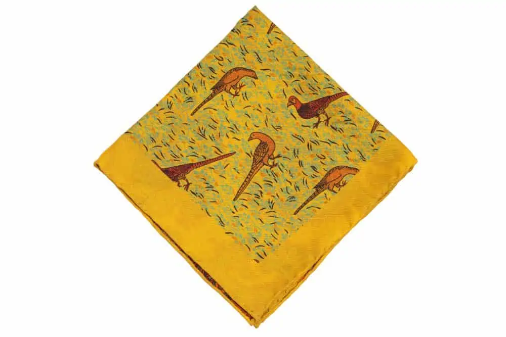 Reversible Madder Silk Pocket Square in Yellow with Orange Pheasants and Blood Orange Paisley from Fort Belvedere