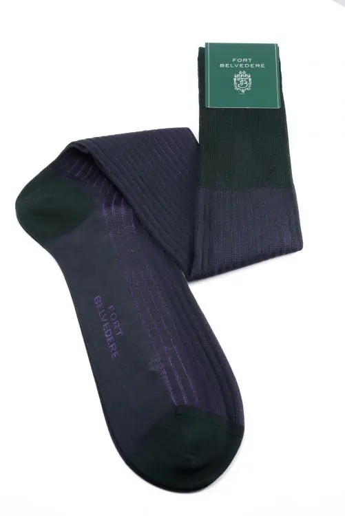 Shadow Stripe Ribbed Socks Dark Green and Purple Fil d Ecosse Cotton Fort Belvedere