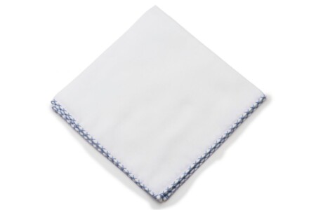 Soft White Cotton Flannel Pocket Square with handrolled Periwinkle Blue X-stitch edges