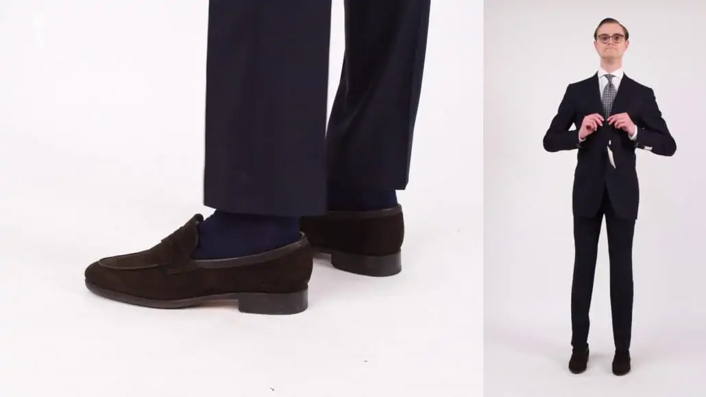 Uncuffed trousers with Preston showing how it harmonizes with the peak lapels of his jacket.