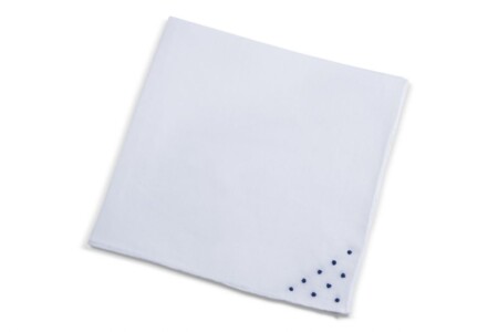 White Linen Pocket Square with Blue Hand Embroidered Polka Dots Spots