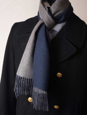 Navy peacoat with double sided blue and grey alpaca scarf by Fort Belvedere