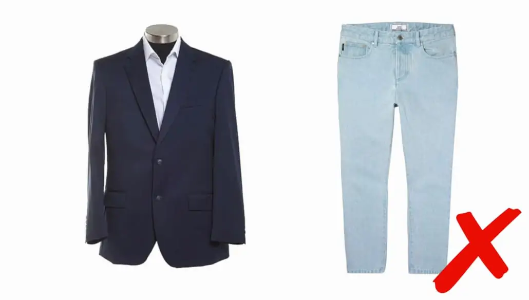 Never pair your navy suit jacket with light-washed jeans.
