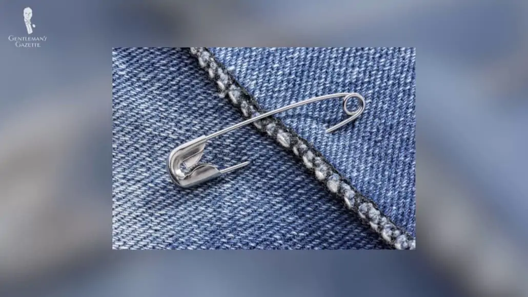Safety pin used to secure an open seam.