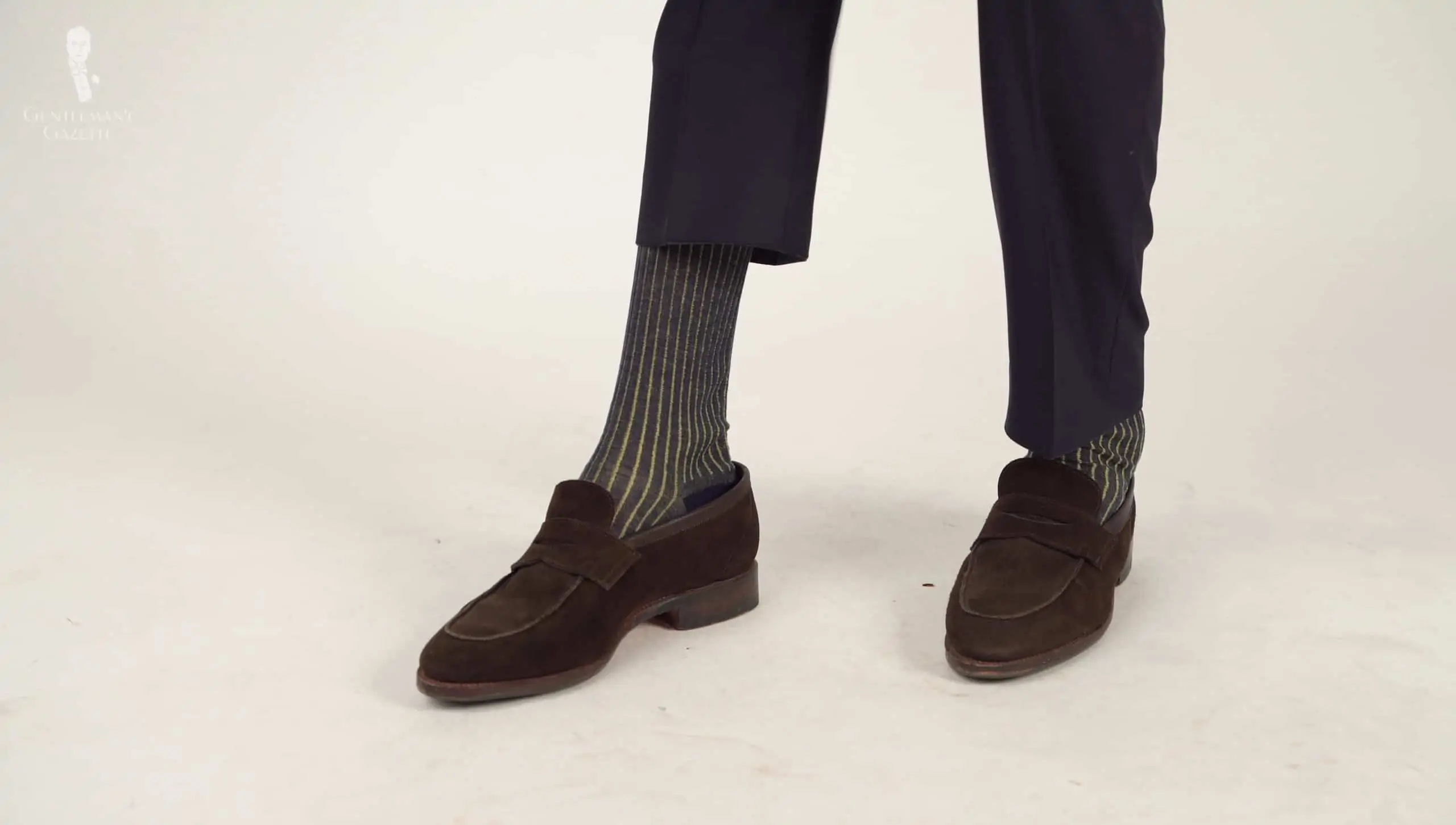 suede-loafers-from-Meermin-paired-with-shadow-striped-socks-in-navy-blue-and-yellow.