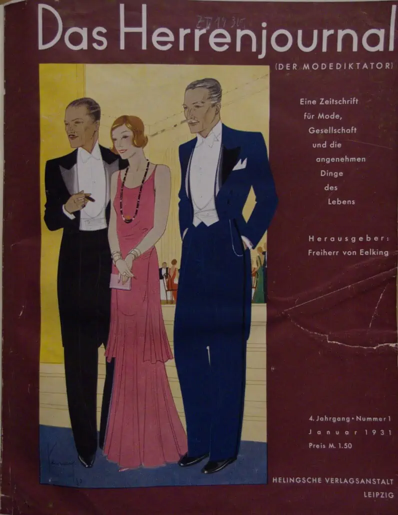 1931 - Herrenjournal Cover - Note the midnight blue white tie tailcoat ensemble on the right with a watch chainand 2 button BB waistcoat