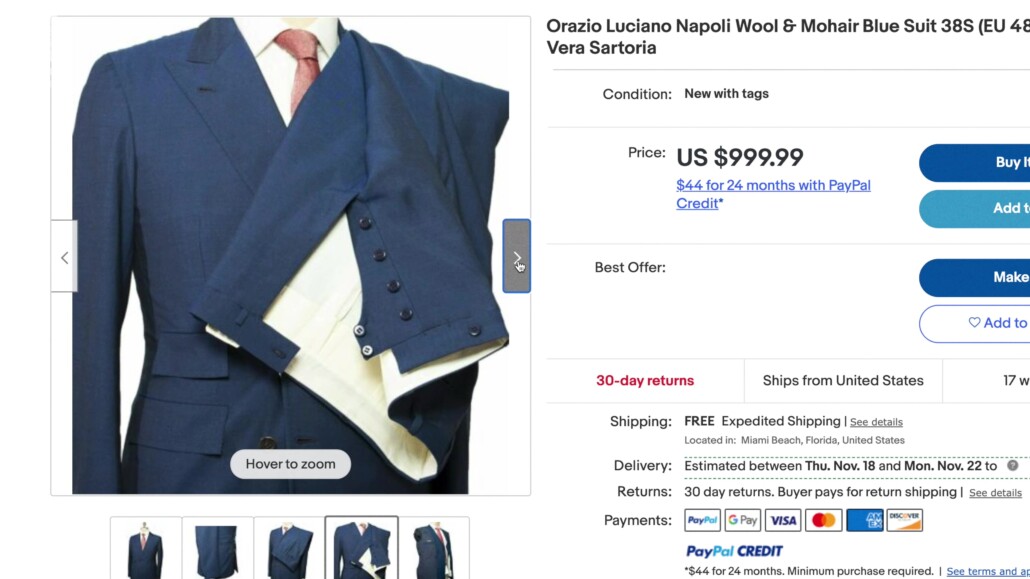 A navy blue Orazio Luciano La Vera Sartoria Napoletana suit sold on eBay for a lesser price.