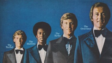Vintage After Six Formals advertisement featuring four men wearing dated 1970s-era tuxedos