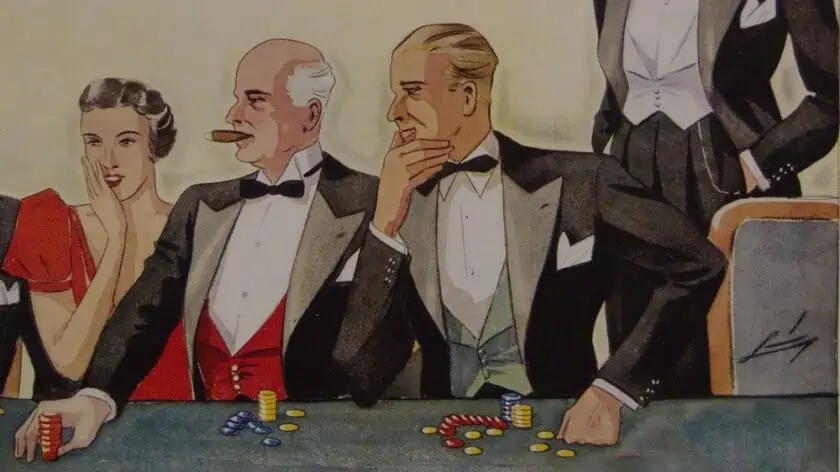 A woman in a red dress at a gaming table with three gentleman in black tie ensembles